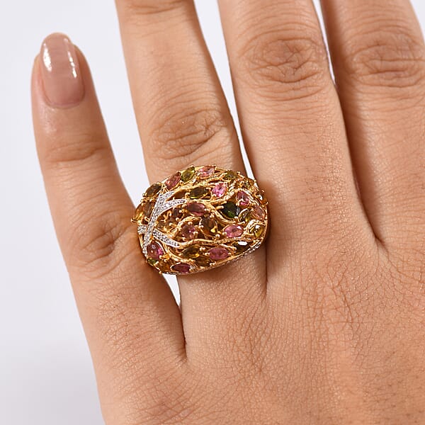 Shop Lc GP Italian Garden Collection Multi-Tourmaline And White Zircon 3.90 Ctw Tree Of Life Ring In 18K Vermeil Yellow Gold Over Sterling Silver
