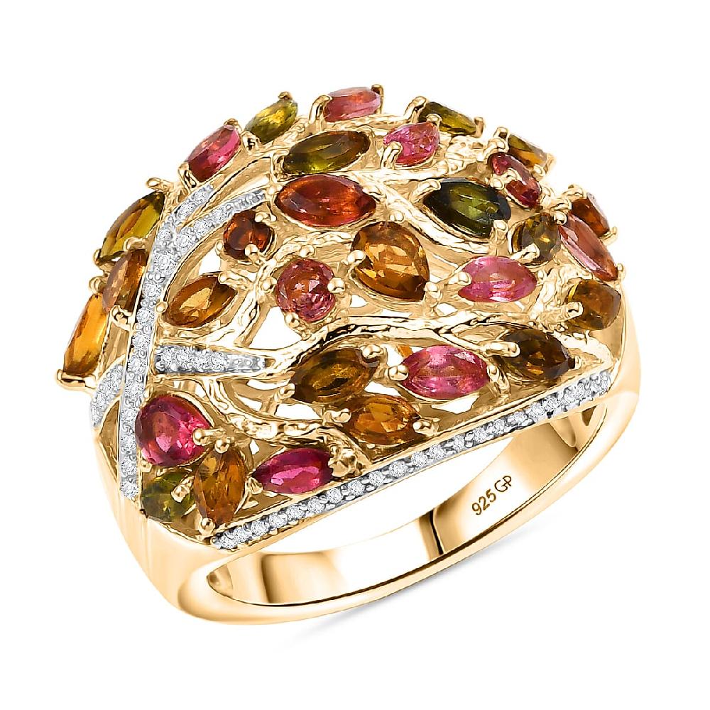 shop lc GP Italian Garden Collection Multi-Tourmaline and White Zircon 3.90 ctw Tree of Life Ring in 18K Vermeil Yellow Gold Over Sterling Silver