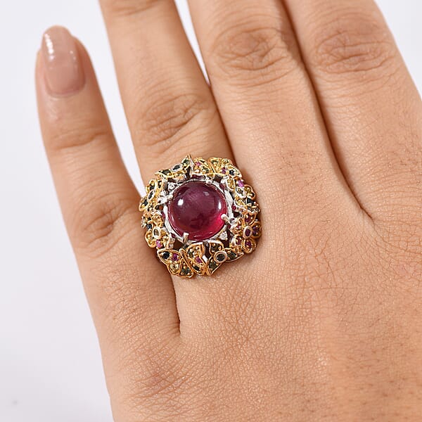 Shop Lc GP Italian Garden Collection Premium African Ruby And Multi Gemstone 10.10 Ctw Ring In 18K Vermeil YG And Rhodium Over Sterling Silver