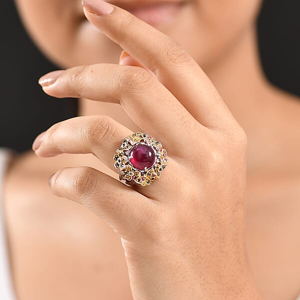 Shop Lc GP Italian Garden Collection Premium African Ruby And Multi Gemstone 10.10 Ctw Ring In 18K Vermeil YG And Rhodium Over Sterling Silver