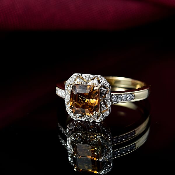 Shop Lc GP Royal Art Deco Collection AAA Asscher Cut Golden Turkizite Diamond Ring In 10K Yellow Gold 2.15 Ctw