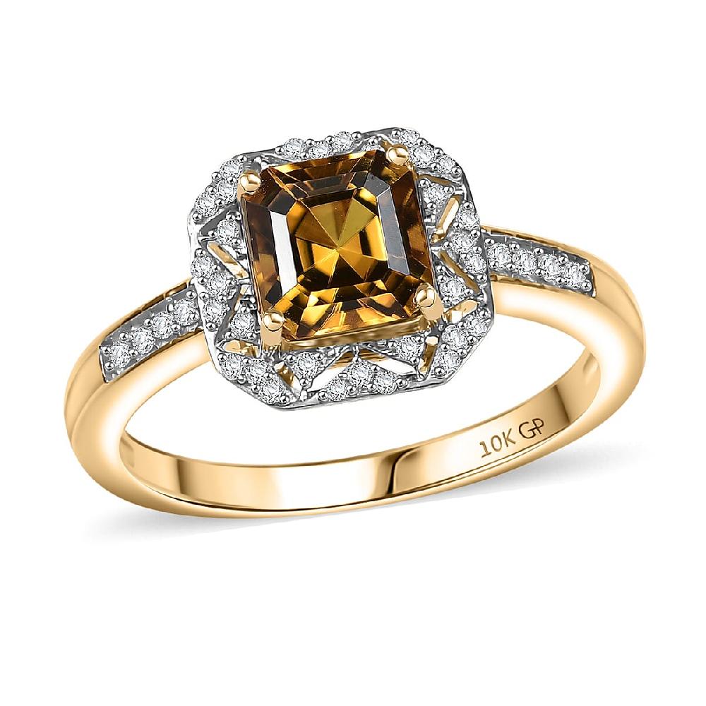 shop lc GP Royal Art Deco Collection AAA Asscher Cut Golden Turkizite Diamond Ring in 10K Yellow Gold 2.15 ctw
