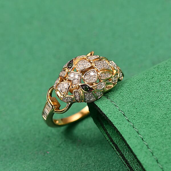 Shop Lc GP Trionfo Collection Green And White Diamond 0.40 Ctw Tiger Ring In 18K Vermeil Yellow Gold Over Sterling Silver