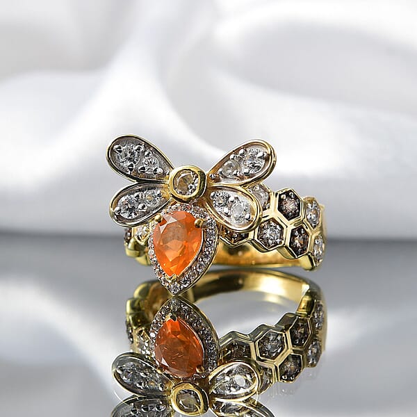 Shop Lc GP Trionfo Collection Jalisco Fire Opal And Multi Gemstone 2.30 Ctw Bee Ring In 18K Vermeil Yellow Gold Over Sterling Silver