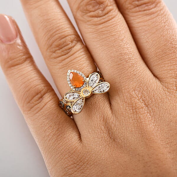 Shop Lc GP Trionfo Collection Jalisco Fire Opal And Multi Gemstone 2.30 Ctw Bee Ring In 18K Vermeil Yellow Gold Over Sterling Silver