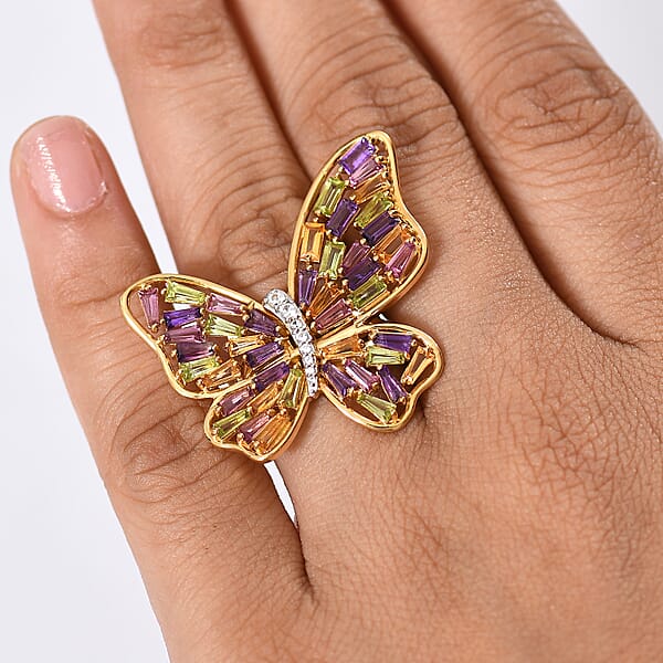 Shop Lc GP Trionfo Collection Multi Gemstone 4.15 Ctw Butterfly Ring In 18K Vermeil Yellow Gold Over Sterling Silver