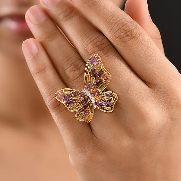 Shop Lc GP Trionfo Collection Multi Gemstone 4.15 Ctw Butterfly Ring In 18K Vermeil Yellow Gold Over Sterling Silver