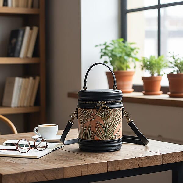 Shop Lc Grand Pelle Navy Areca Palm Leaf Embossed Genuine Leather Cylinder Crossbody Bag With Shoulder Strap