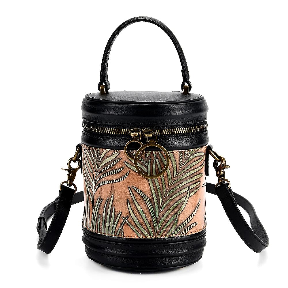 shop lc Grand Pelle Navy Areca Palm Leaf Embossed Genuine Leather Cylinder Crossbody Bag with Shoulder Strap