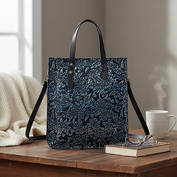 Shop Lc Grand Pelle Navy Plum Blossom Embossed Genuine Leather Rectangular Bag With Shoulder Strap