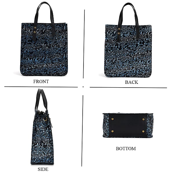 Shop Lc Grand Pelle Navy Plum Blossom Embossed Genuine Leather Rectangular Bag With Shoulder Strap