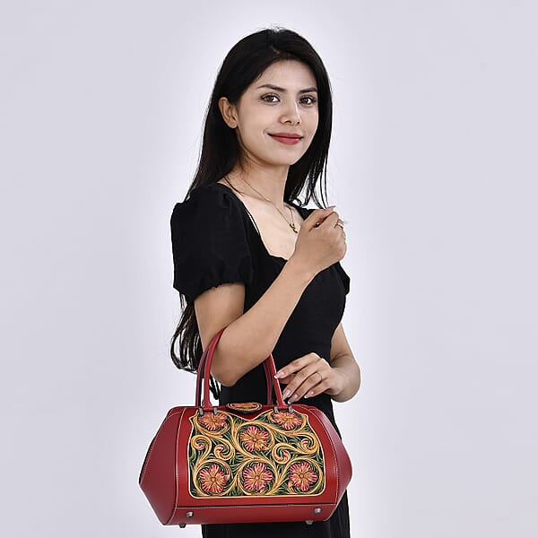 Shop Lc Grand Pelle Red With Multicolor Hand Engraving Flower Genuine Leather Hand Bag With Handle Drop 6.3