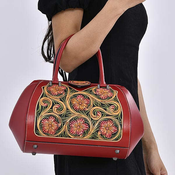Shop Lc Grand Pelle Red With Multicolor Hand Engraving Flower Genuine Leather Hand Bag With Handle Drop 6.3