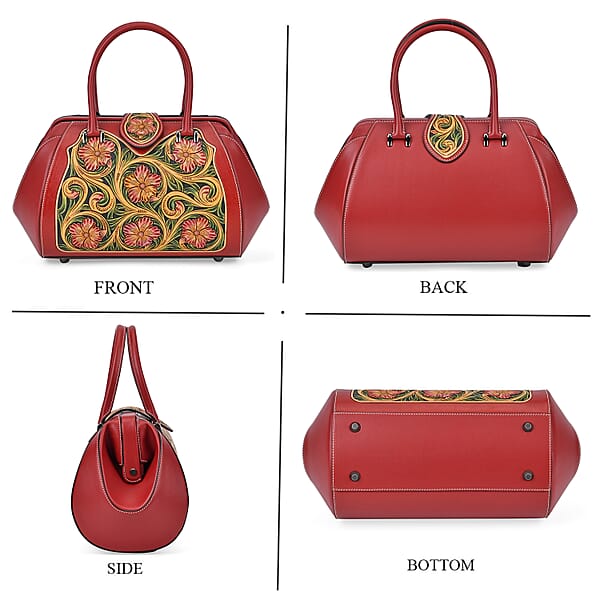 Shop Lc Grand Pelle Red With Multicolor Hand Engraving Flower Genuine Leather Hand Bag With Handle Drop 6.3