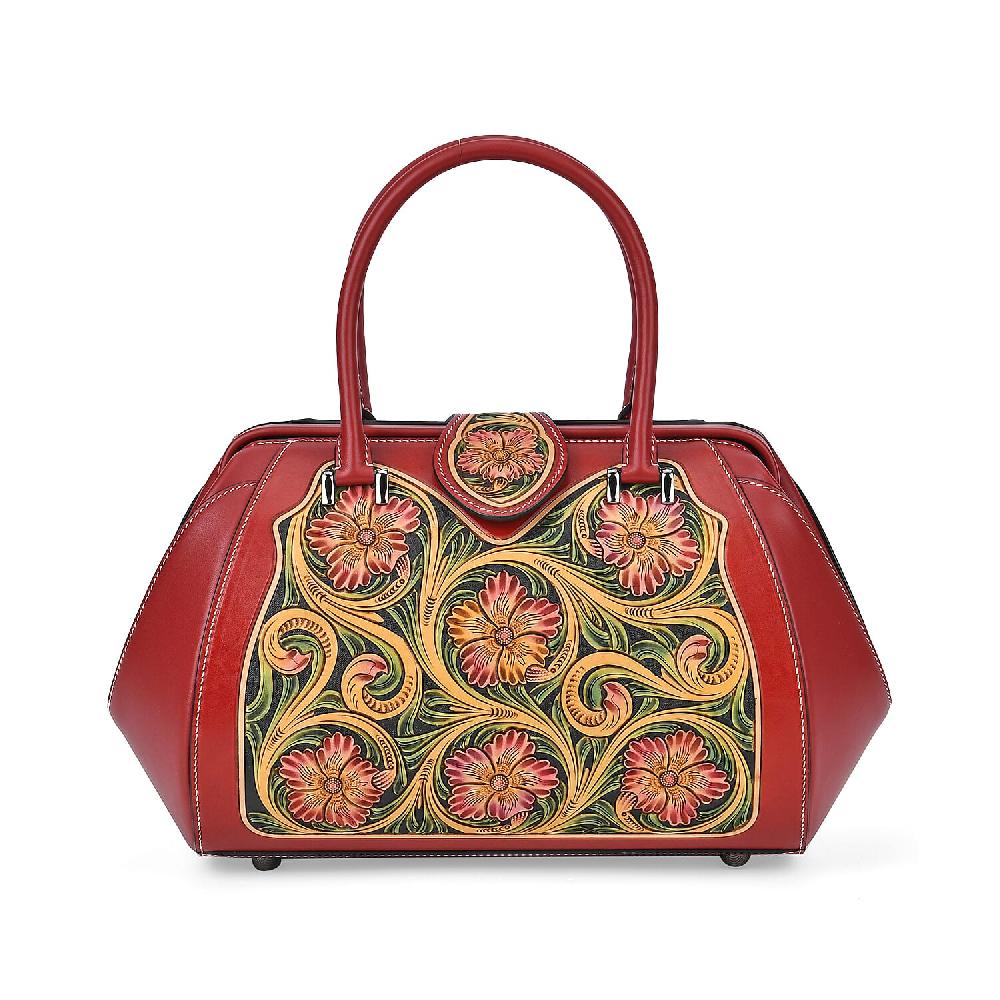 shop lc Grand Pelle Red with Multicolor Hand Engraving Flower Genuine Leather Hand Bag with Handle Drop 6.3