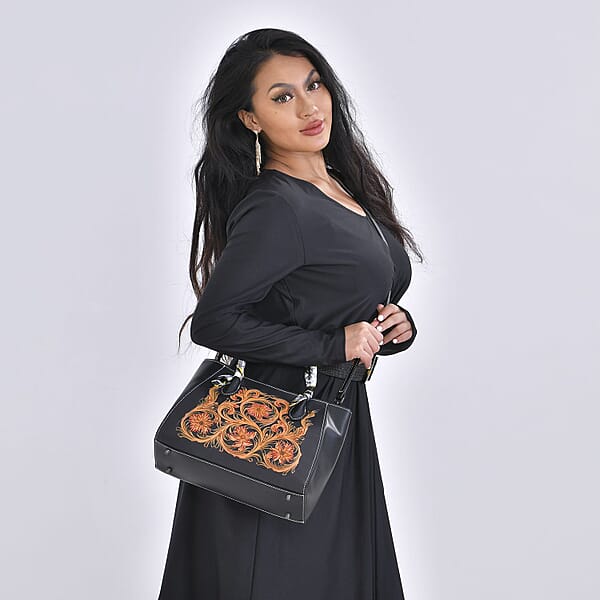 Shop Lc Grand Pelle Royal Collection Black With Multi Color Hand Engraving Flower Pattern Genuine Leather Tote Bag