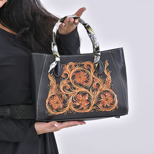 Shop Lc Grand Pelle Royal Collection Black With Multi Color Hand Engraving Flower Pattern Genuine Leather Tote Bag