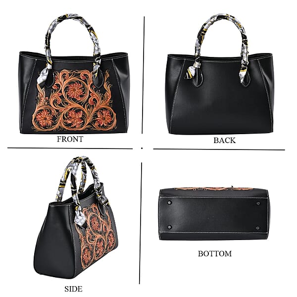 Shop Lc Grand Pelle Royal Collection Black With Multi Color Hand Engraving Flower Pattern Genuine Leather Tote Bag