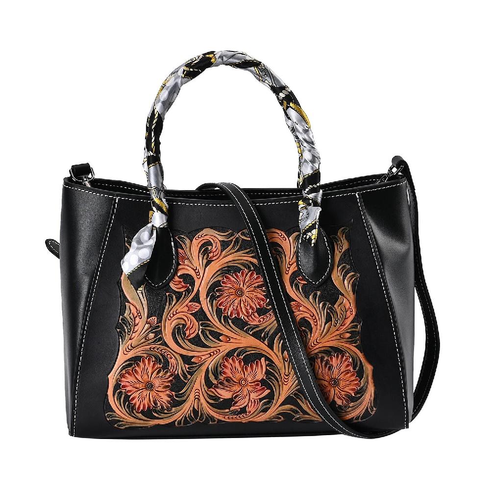 shop lc Grand Pelle Royal Collection Black with Multi Color Hand Engraving Flower Pattern Genuine Leather Tote Bag