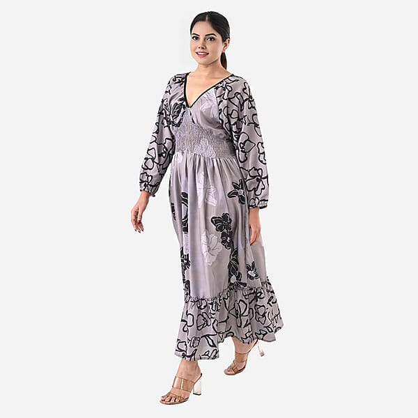 Shop Lc Gray Full Sleeves Smocked Waist PV Muslin Maxi Dress - One Size Fits Most