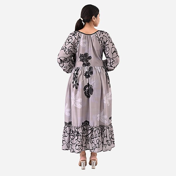 Shop Lc Gray Full Sleeves Smocked Waist PV Muslin Maxi Dress - One Size Fits Most