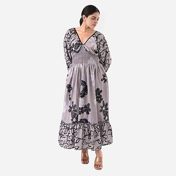 Shop Lc Gray Full Sleeves Smocked Waist PV Muslin Maxi Dress - One Size Fits Most