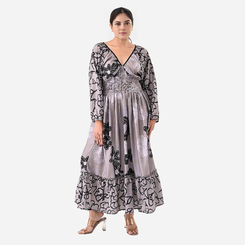 shop lc Gray Full Sleeves Smocked Waist PV Muslin Maxi Dress - One Size Fits Most