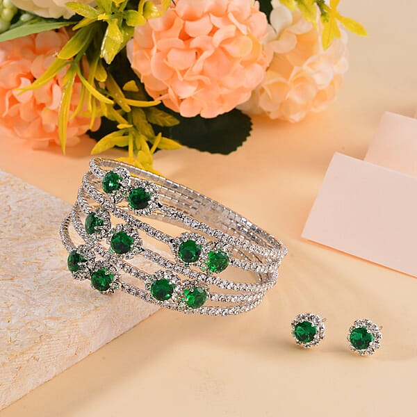 Shop Lc Green And White Color Austrian Crystal Bangle Bracelet (7-7.5 In) And Earrings In Silvertone