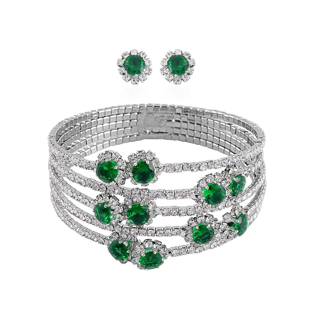 shop lc Green and White Color Austrian Crystal Bangle Bracelet (7-7.5 In) and Earrings in Silvertone