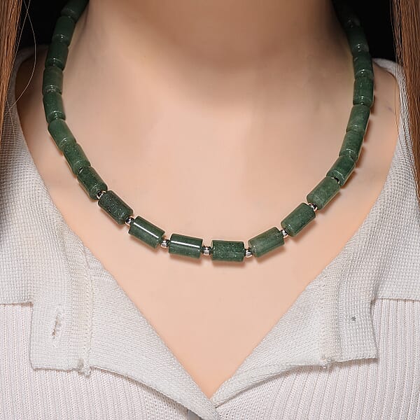 Shop Lc Green Aventurine 204.00 Ctw Barrel Necklace In Silvertone 18-20 Inches