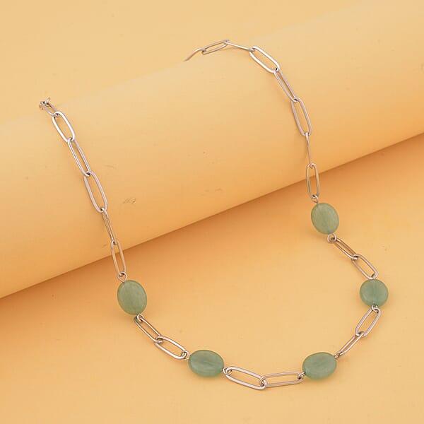 Shop Lc Green Aventurine 30.00 Ctw Paper Clip Station Necklace In Stainless Steel 18-20 Inches Tarnish-Free Waterproof Sweat Proof Jewelry