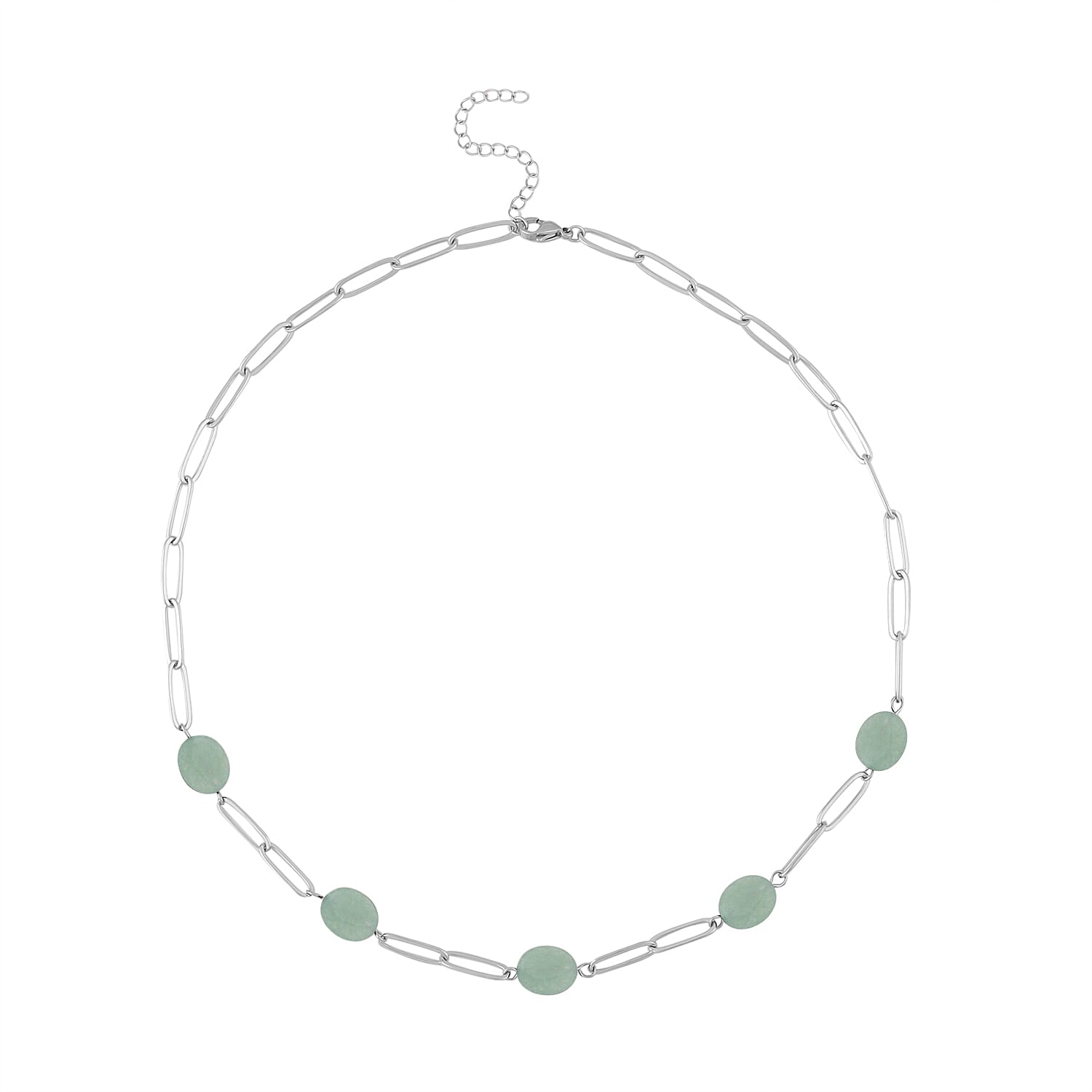 shop lc Green Aventurine 30.00 ctw Paper Clip Station Necklace in Stainless Steel 18-20 Inches Tarnish-Free Waterproof Sweat Proof Jewelry