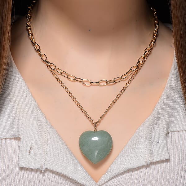 Shop Lc Green Aventurine 75.00 Ctw Heart Pendant With Paper Clip Necklace In Goldtone 18-20 Inches