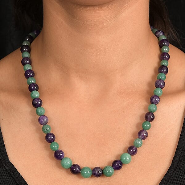 Shop Lc Green Aventurine And African Amethyst 335.00 Ctw Beaded Necklace In Platinum Bond 20 Inches