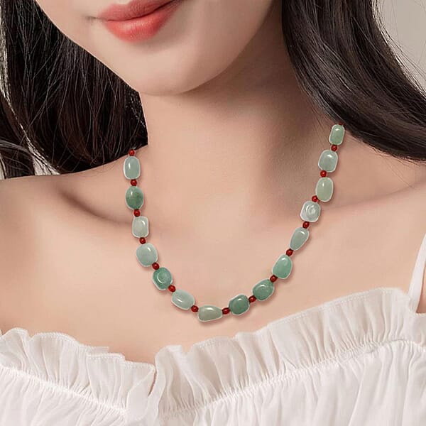 Shop Lc Green Aventurine Red Agate Beaded Necklace 20 Inches In Sterling Silver 253.30 Ctw