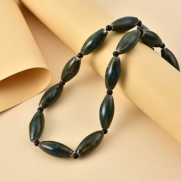 Shop Lc Green Color Ceramic And Black Glass Beaded Necklace In Silvertone 24-26 Inches