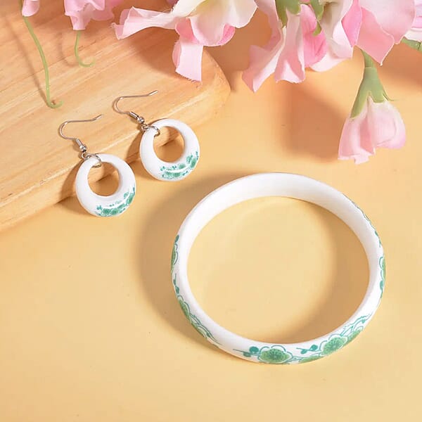 Shop Lc Green Color Ceramic Bangle Bracelet (8.50 In) And Earrings In Stainless Steel