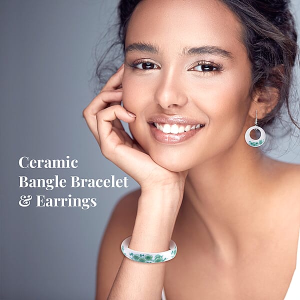 Shop Lc Green Color Ceramic Bangle Bracelet (8.50 In) And Earrings In Stainless Steel