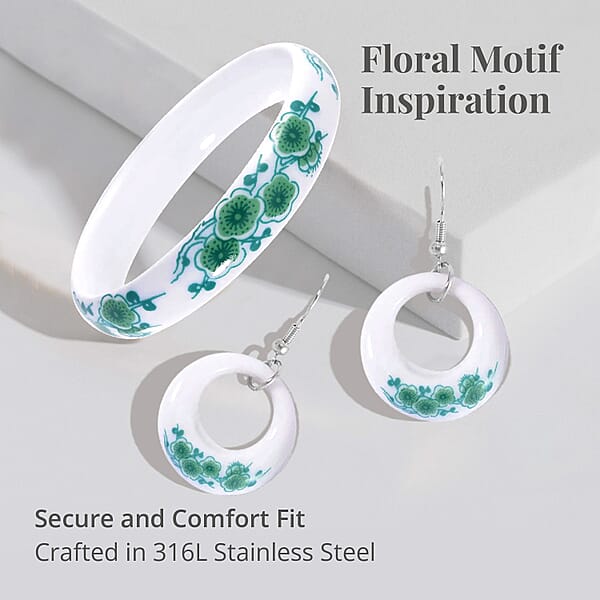 Shop Lc Green Color Ceramic Bangle Bracelet (8.50 In) And Earrings In Stainless Steel