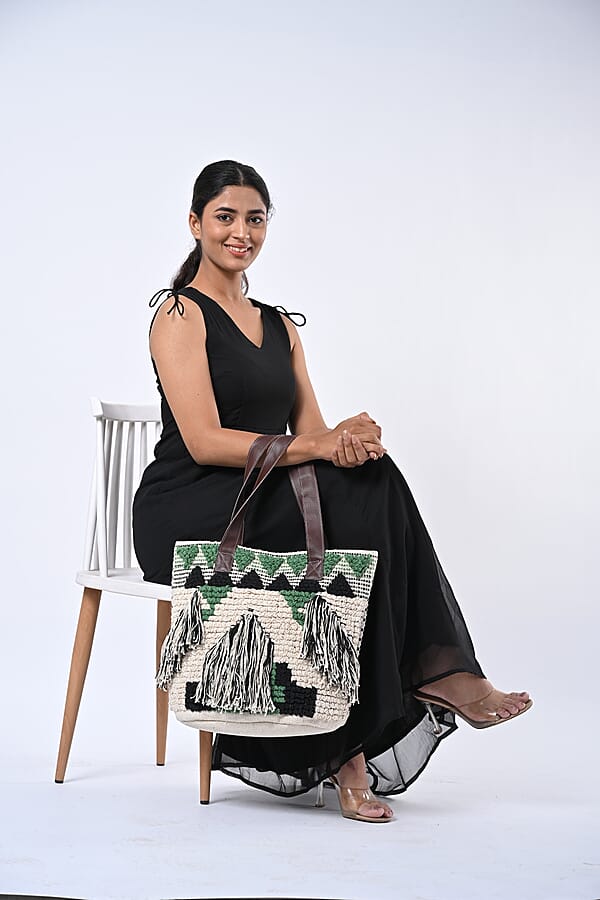 Shop Lc Green Cotton And Jacquard Tote Bag With Faux Leather Handle