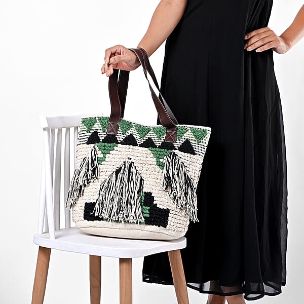 Shop Lc Green Cotton And Jacquard Tote Bag With Faux Leather Handle