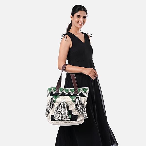Shop Lc Green Cotton And Jacquard Tote Bag With Faux Leather Handle