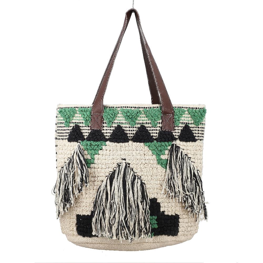 shop lc Green Cotton and Jacquard Tote Bag with Faux Leather Handle