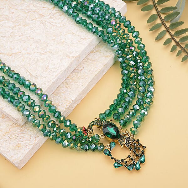Shop Lc Green Glass And Multi Color Austrian Crystal Beaded Multi Layered Peacock Necklace In Goldtone 20-22 Inches