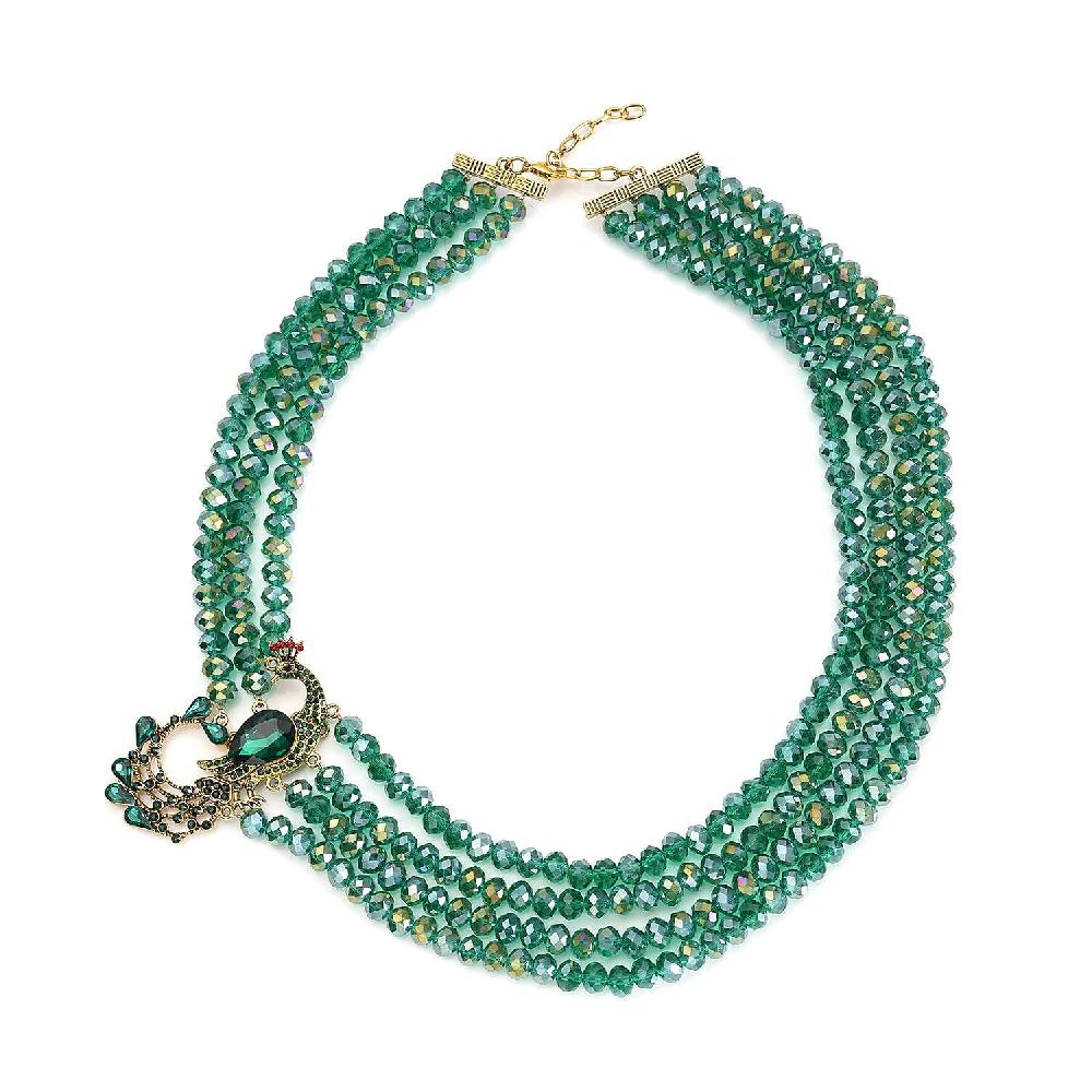 shop lc Green Glass and Multi Color Austrian Crystal Beaded Multi Layered Peacock Necklace in Goldtone 20-22 Inches