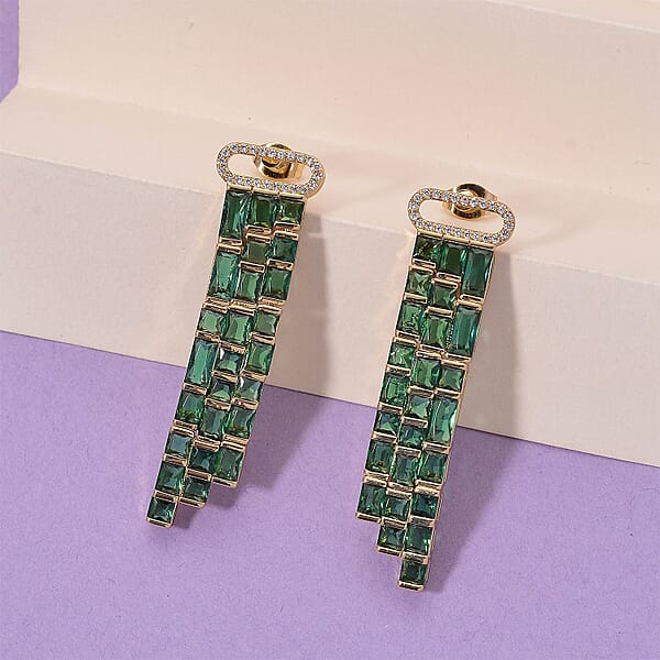 Shop Lc Green Glass And Simulated Diamond Earrings In Goldtone