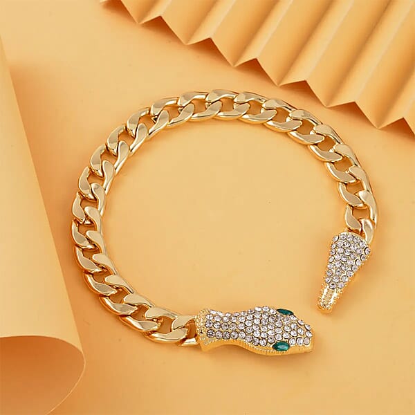 Shop Lc Green Glass And White Austrian Crystal Cable Link Chain With Snake Head & Tail Bracelet In Goldtone (10.50 In)
