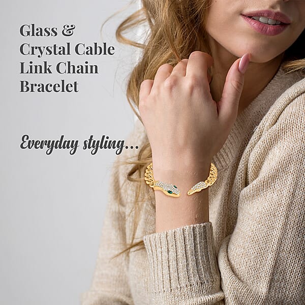 Shop Lc Green Glass And White Austrian Crystal Cable Link Chain With Snake Head & Tail Bracelet In Goldtone (10.50 In)