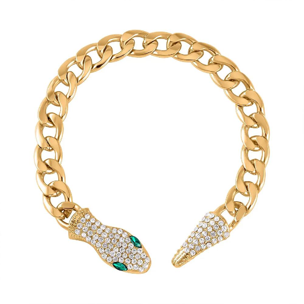 shop lc Green Glass and White Austrian Crystal Cable Link Chain with Snake Head & Tail Bracelet in Goldtone (10.50 In)