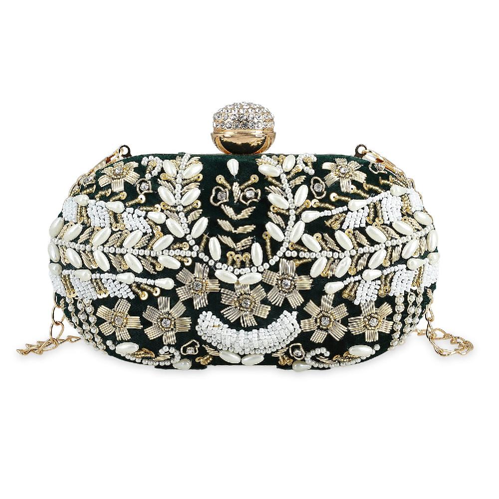 shop lc Green Hand Embroidery Oval Shaped Pearl Studded Velvet Clutch